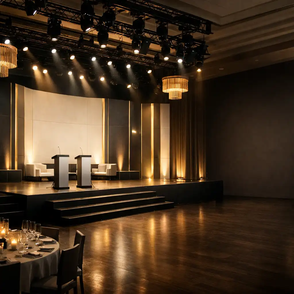 Scena gali firmowej z eleganckim oświetleniem i minimalistycznym designem