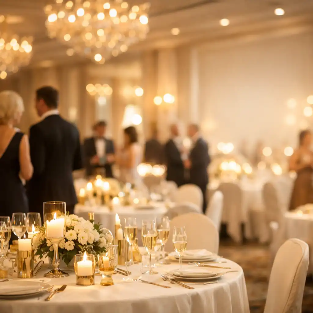 Elegancka gala firmowa z ciepłym oświetleniem i luksusową atmosferą